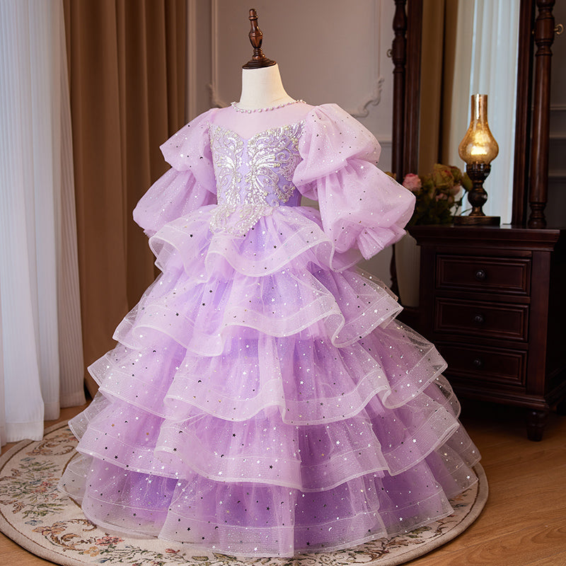 Lilac Princess Tulle Flower Girl Dress - Puff Long Sleeves