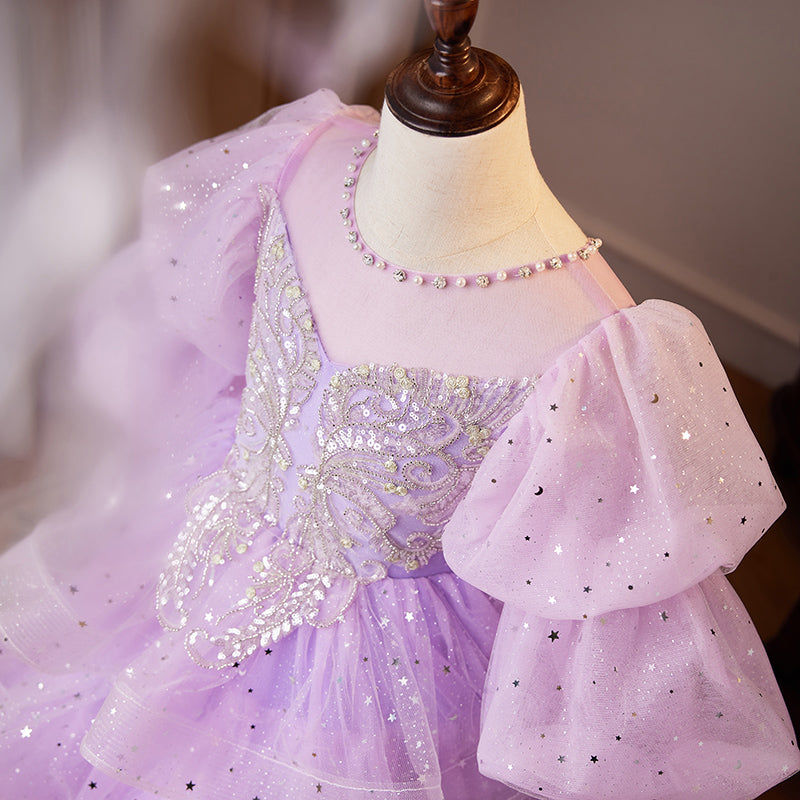 Lilac Princess Tulle Flower Girl Dress - Puff Long Sleeves