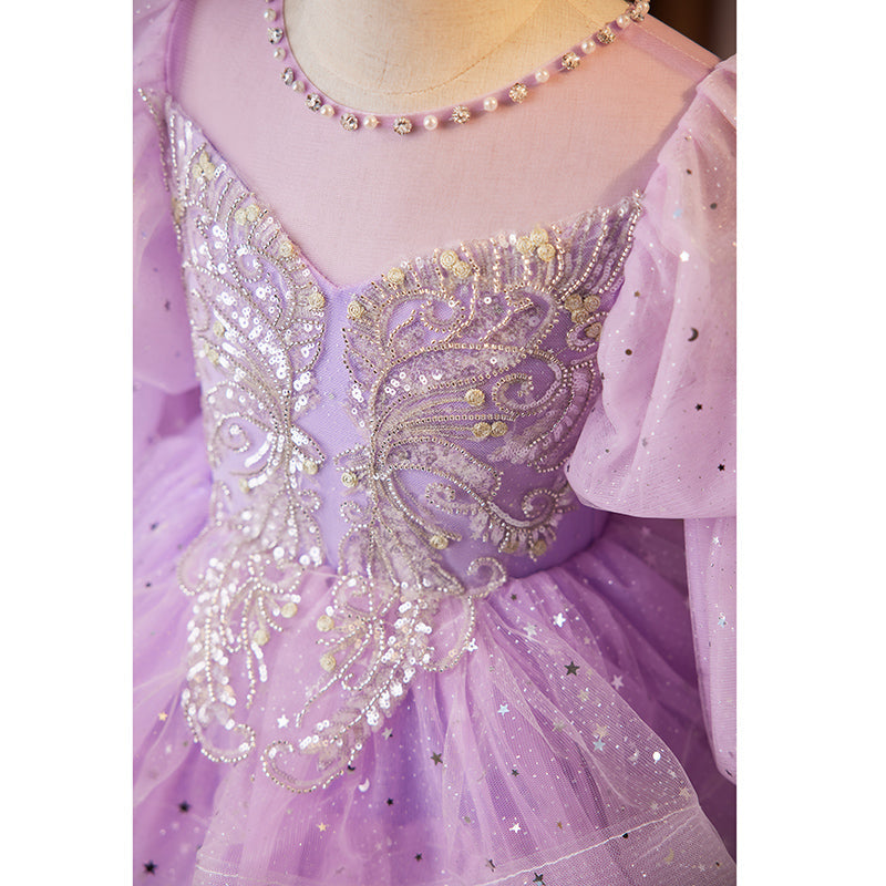 Lilac Princess Tulle Flower Girl Dress - Puff Long Sleeves