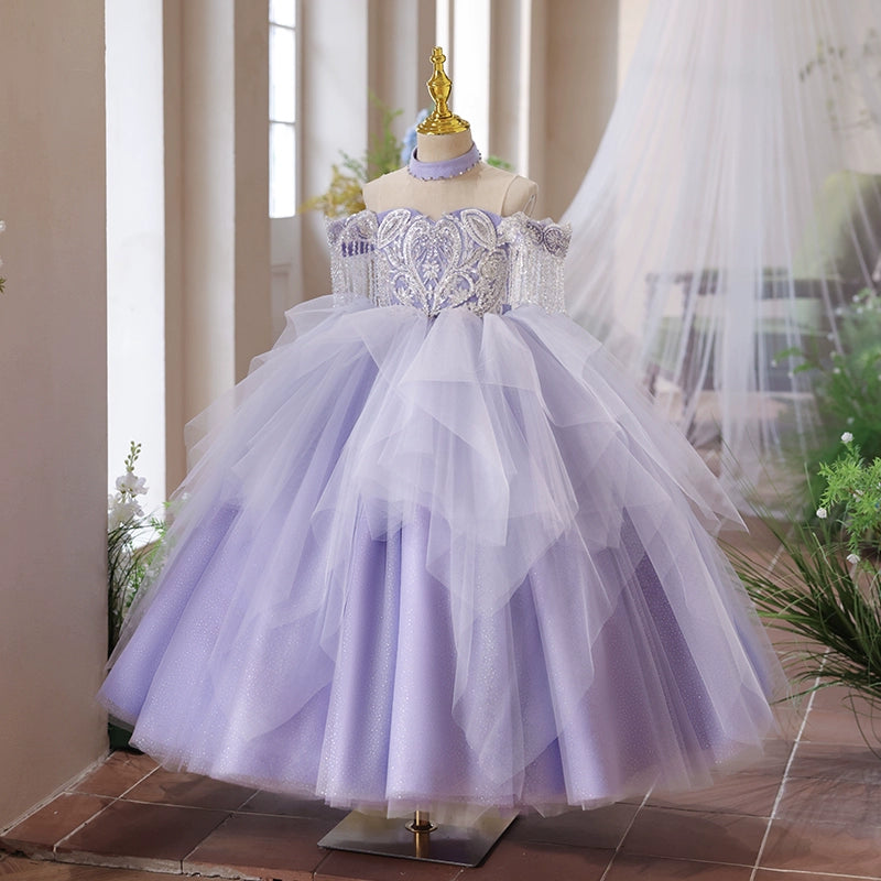 Lilac Satin Flower Girl Dress Lace Beaded A-Line Floor-Length Gown Mia Princess Lilac Satin Flower Girl Dress Lace Beaded A-Line Floor-Length Gown Mia Princess