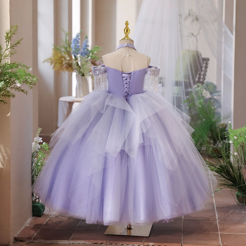 Lilac Satin Lace Flower Girl Dress with Beading & Bow Back