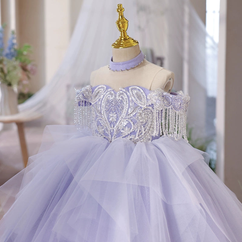 Lilac Satin Lace Flower Girl Dress with Beading & Bow Back