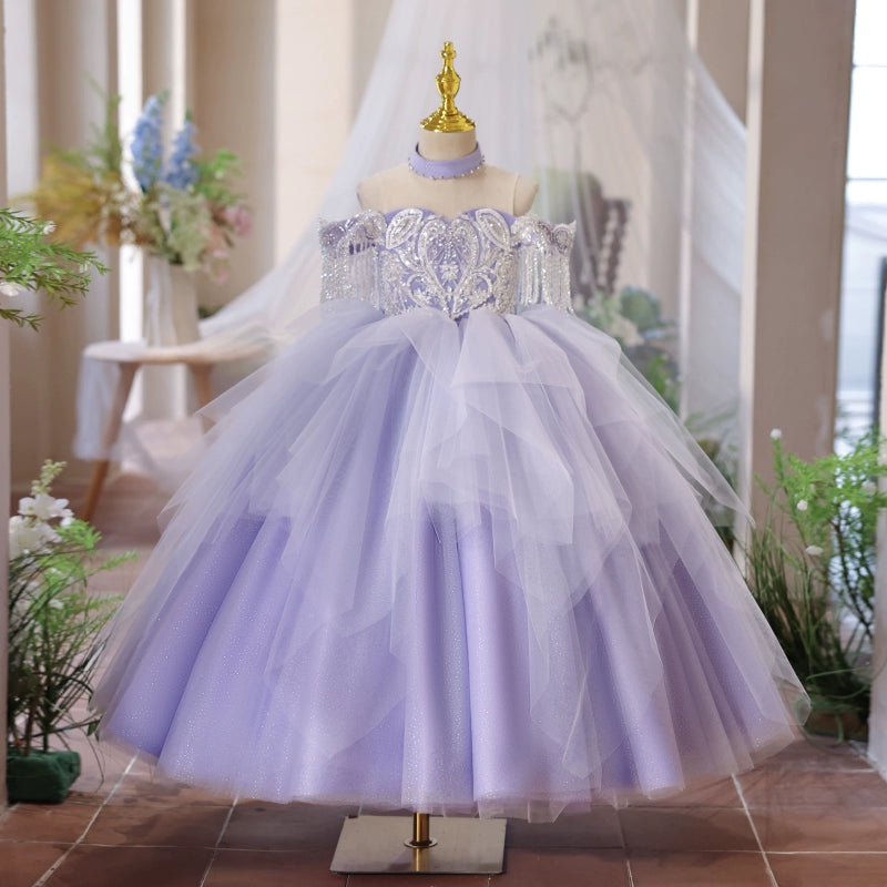 Lilac Satin Lace Flower Girl Dress with Beading & Bow Back