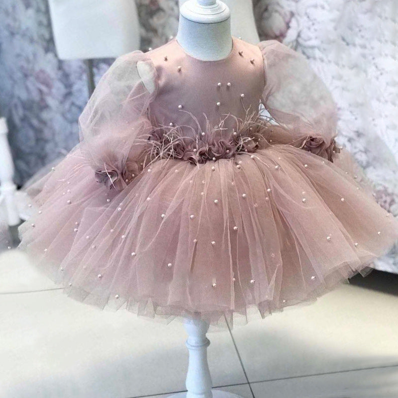Lilac Satin Tulle Flower Girl Dress | Long Puff Sleeve