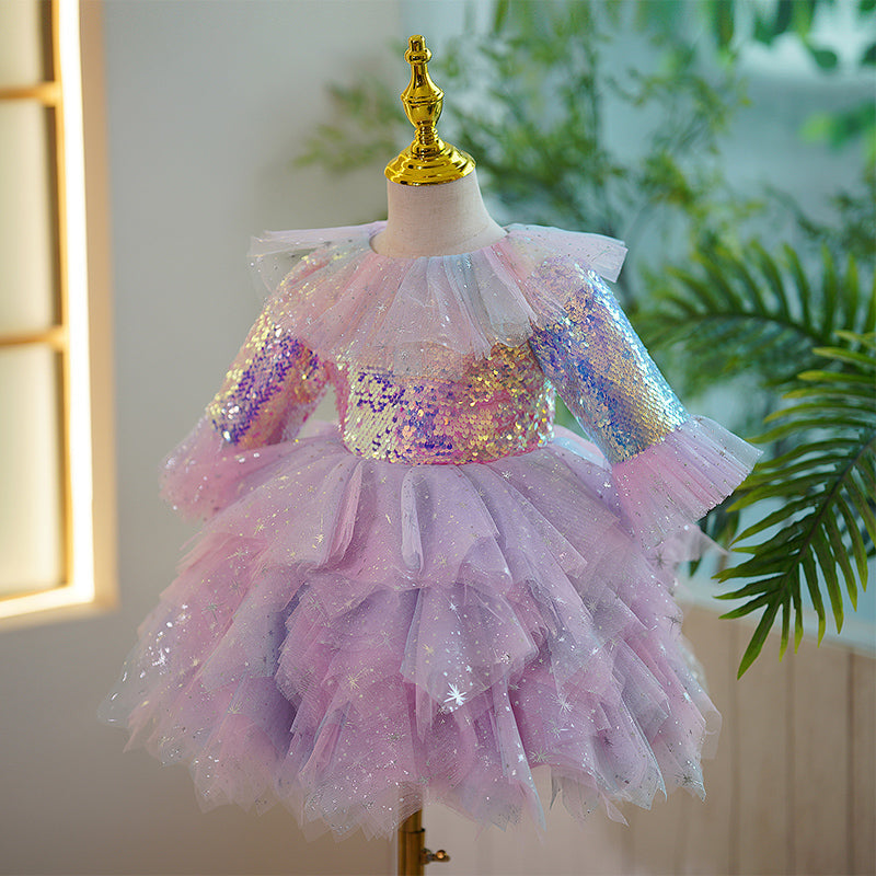 Lilac Sequin A-Line Flower Girl Dress with Bell Sleeves