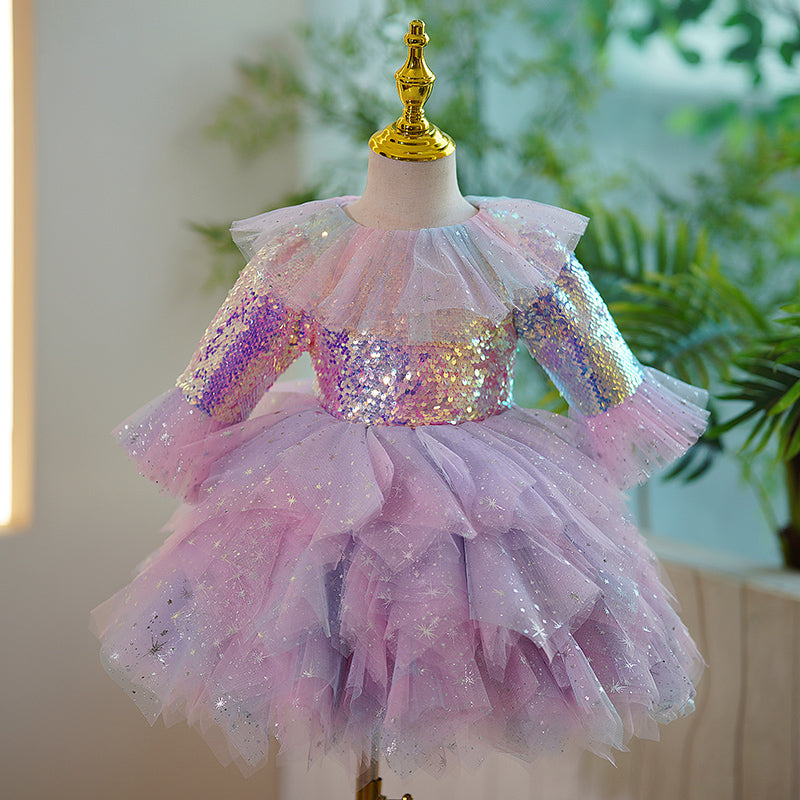 Lilac Sequin A-Line Flower Girl Dress with Bell Sleeves