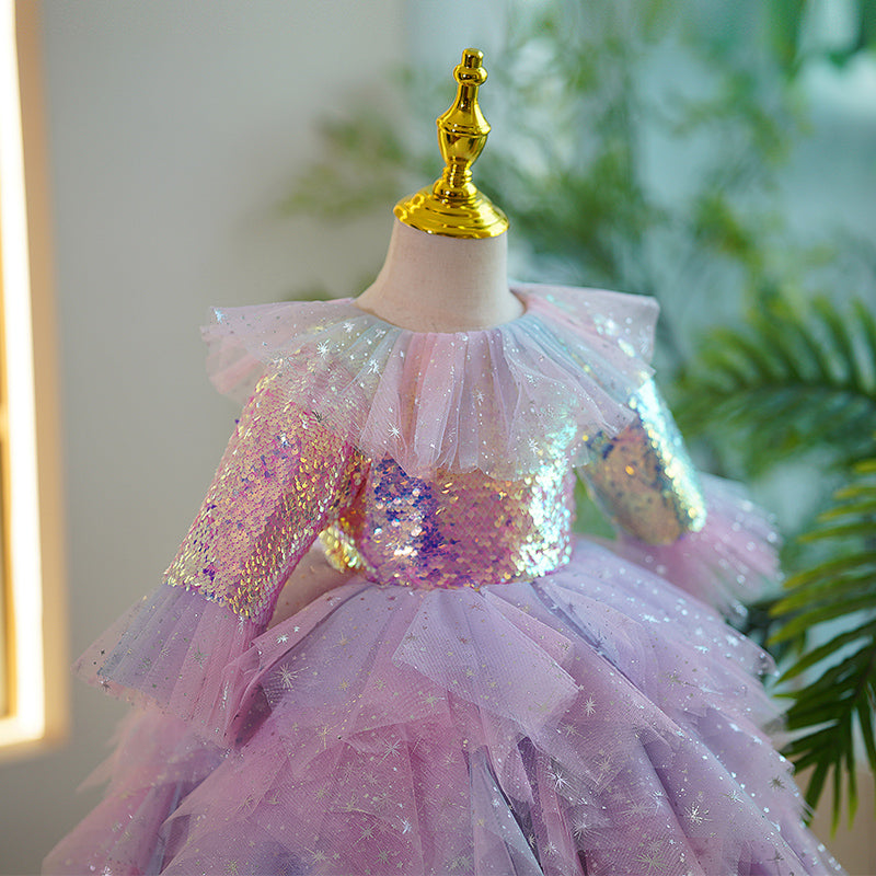 Lilac Sequin A-Line Flower Girl Dress with Bell Sleeves