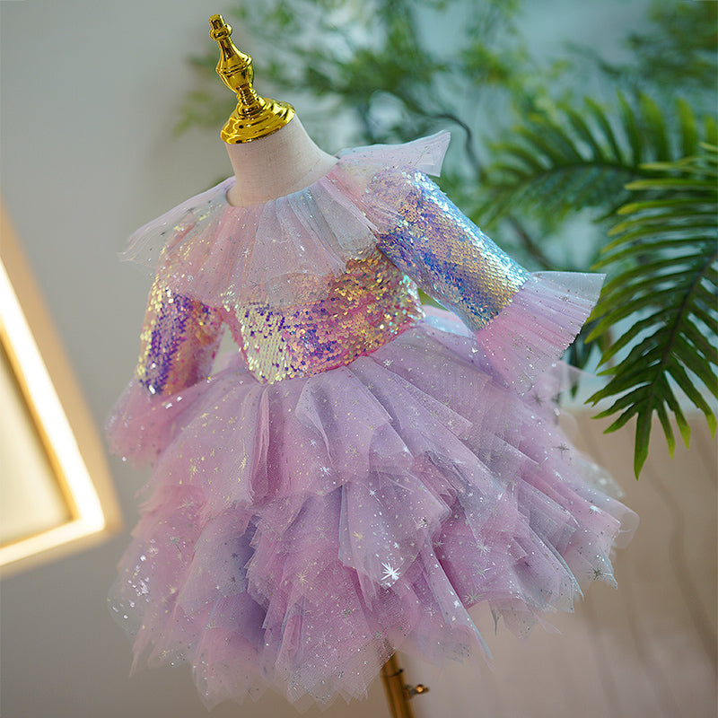 Lilac Sequin A-Line Flower Girl Dress with Bell Sleeves