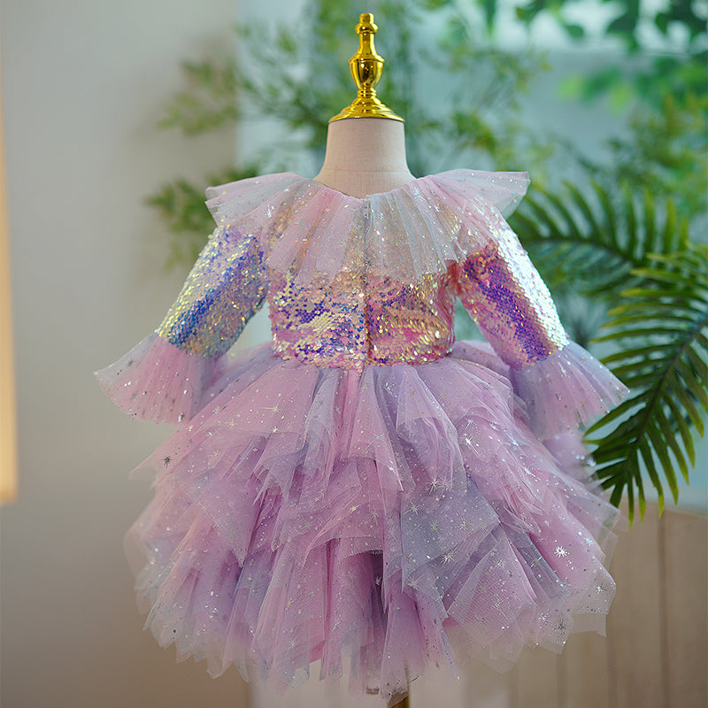 Lilac Sequin A-Line Flower Girl Dress with Bell Sleeves