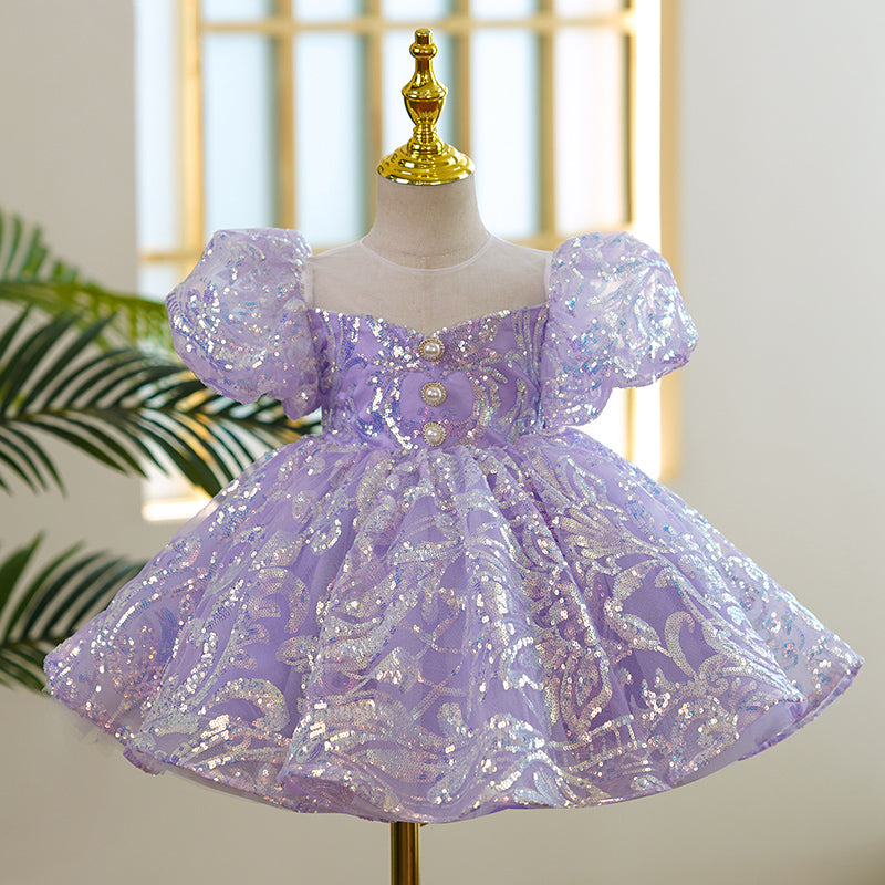 Lilac Sequin Princess Dress | Bow Puff Sleeves