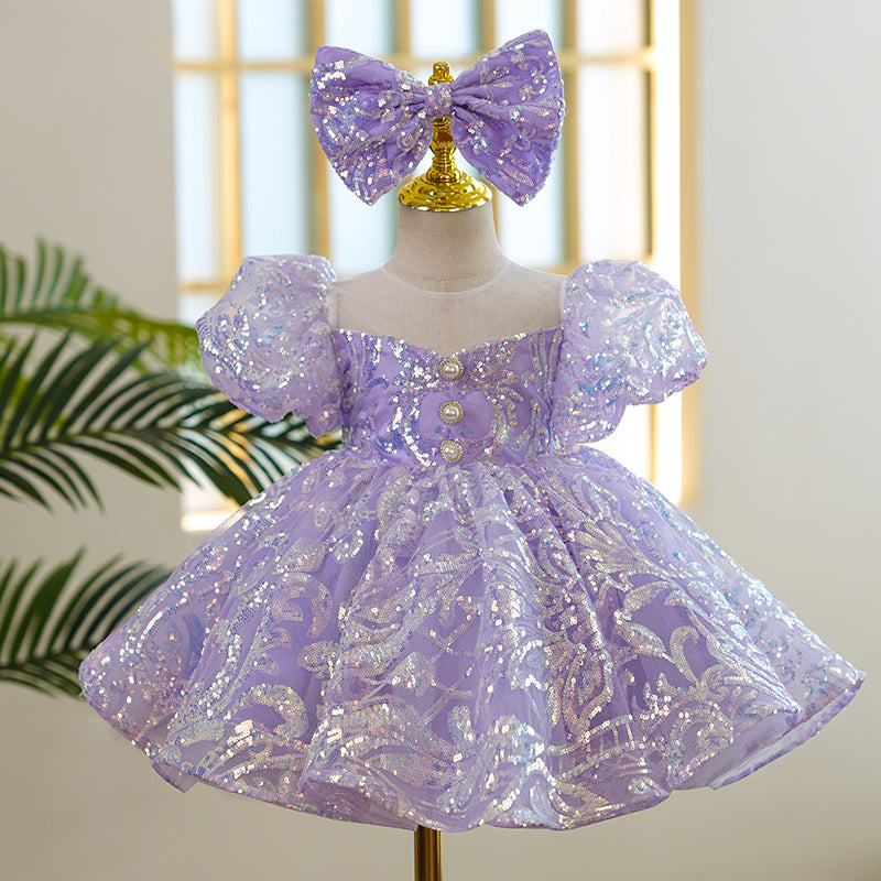 Lilac Sequin Princess Dress | Bow Puff Sleeves