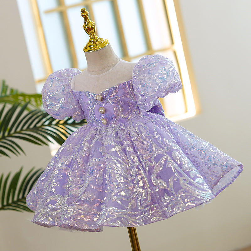 Lilac Sequin Princess Dress | Bow Puff Sleeves