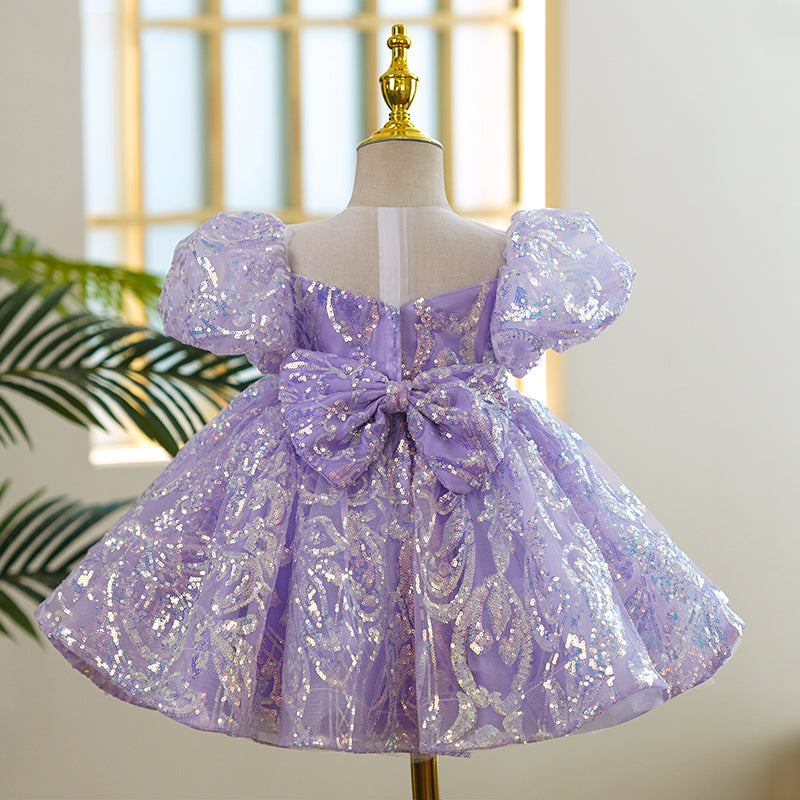 Lilac Sequin Princess Dress | Bow Puff Sleeves