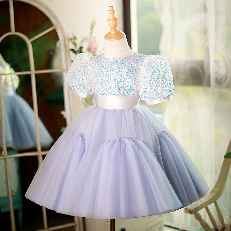 Lilac Sequin Tulle A-Line Flower Girl Dress Puff Sleeve Knee