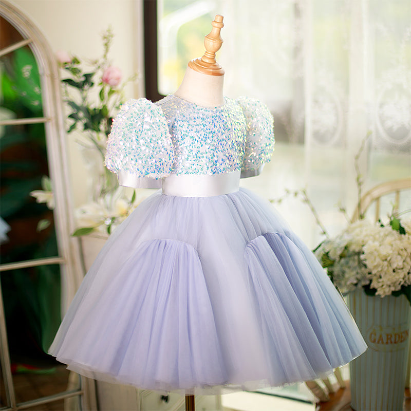 Lilac Sequin Tulle A-Line Flower Girl Dress Puff Sleeve Knee