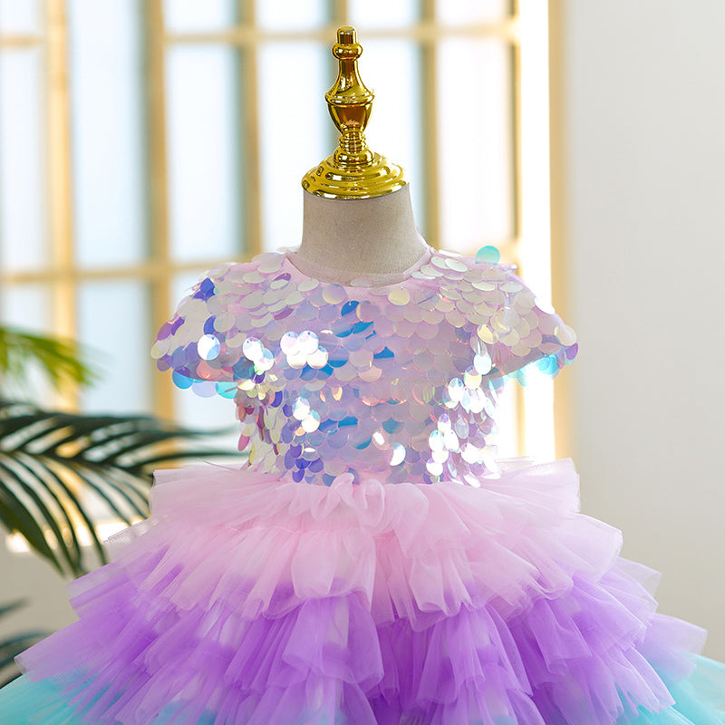 Lilac Sequin Tulle Flower Girl Dress | Cap Sleeves