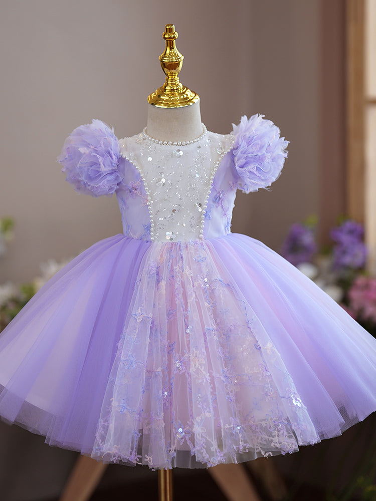 Lilac Sequin Tulle Princess Flower Girl Dress Lace Puff Sleeve