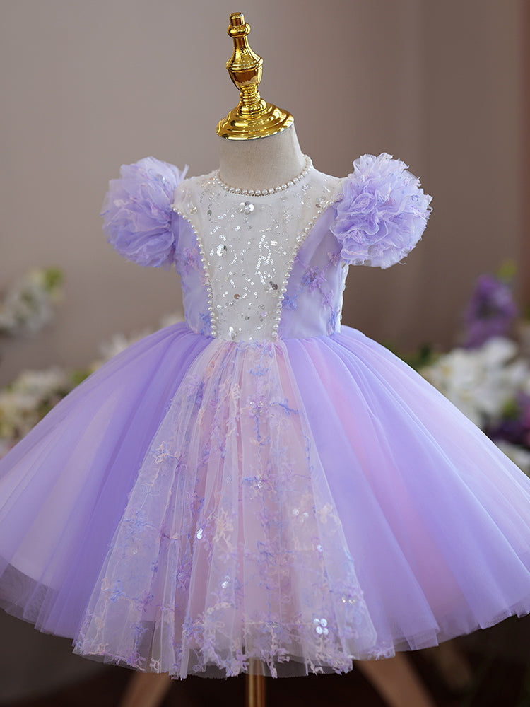 Lilac Sequin Tulle Princess Flower Girl Dress Lace Puff Sleeve