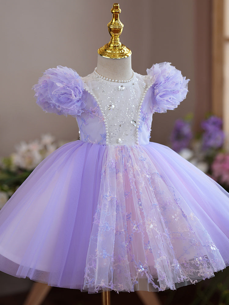 Lilac Sequin Tulle Princess Flower Girl Dress Lace Puff Sleeve