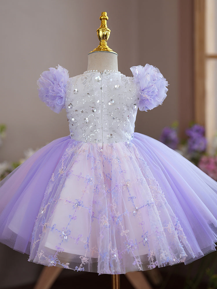 Lilac Sequin Tulle Princess Flower Girl Dress Lace Puff Sleeve