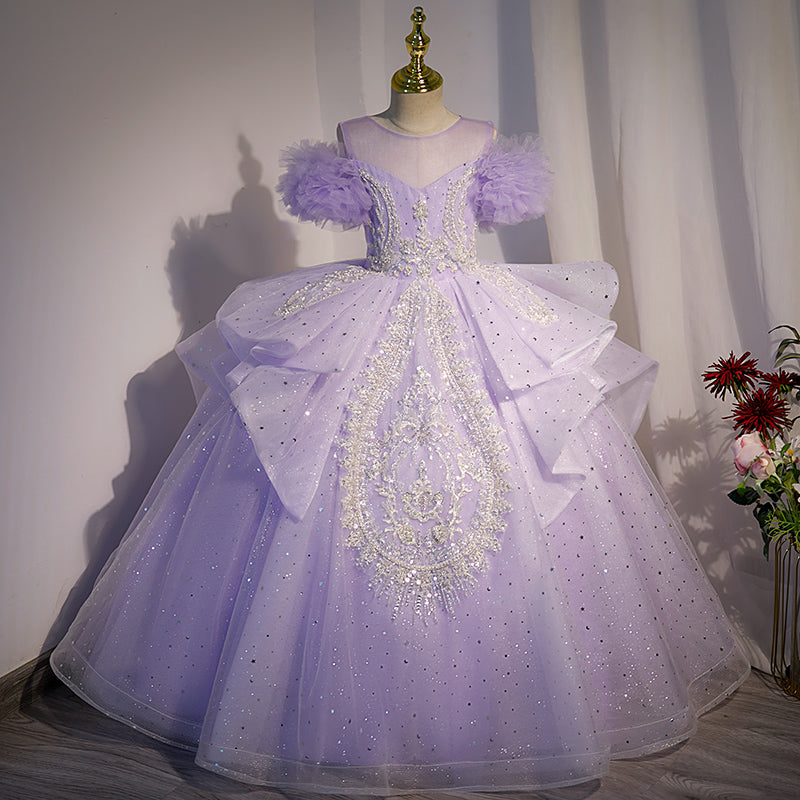 Lilac Sequined A-Line Flower Girl Dress with Cold Shoulder