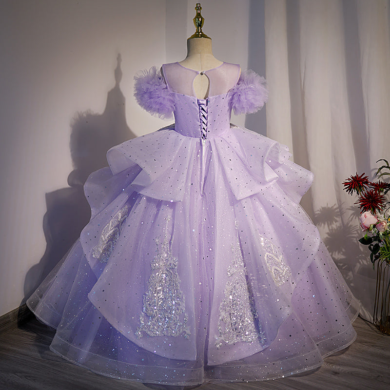 Lilac Sequined A-Line Flower Girl Dress with Cold Shoulder