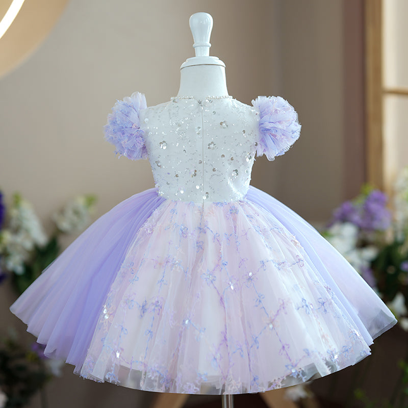 Lilac Tulle A-Line Flower Girl Dress Flower Beaded Knee