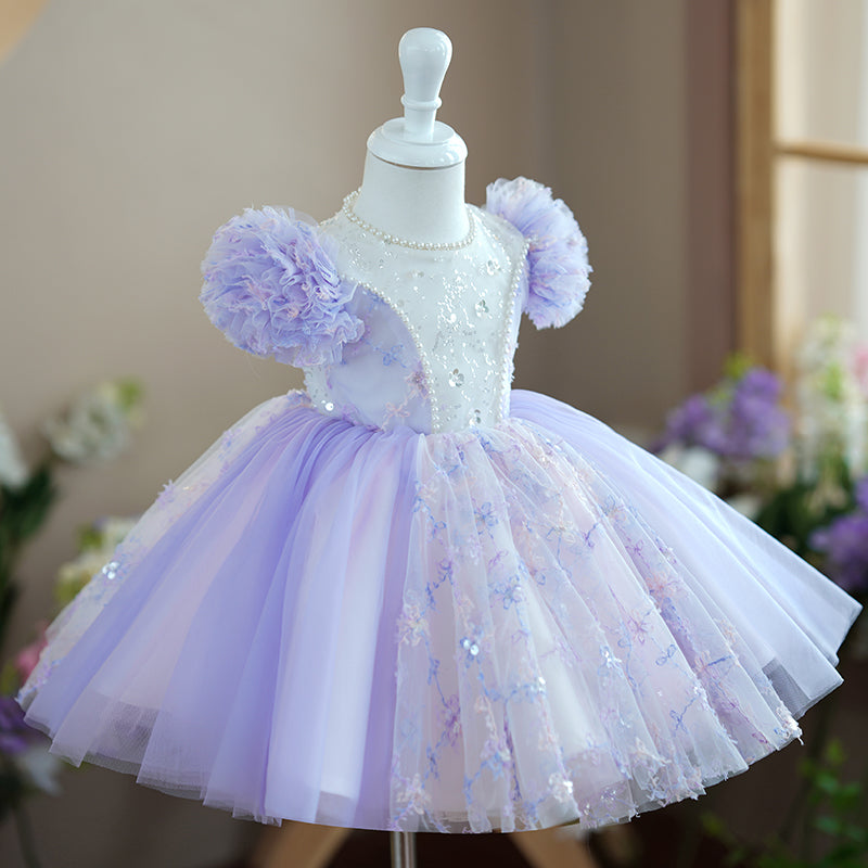 Lilac Tulle A-Line Flower Girl Dress Flower Beaded Knee