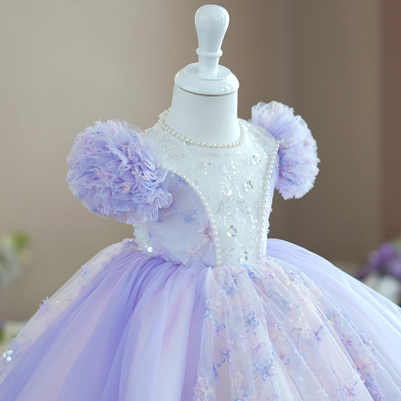 Lilac Tulle A-Line Flower Girl Dress Flower Beaded Knee