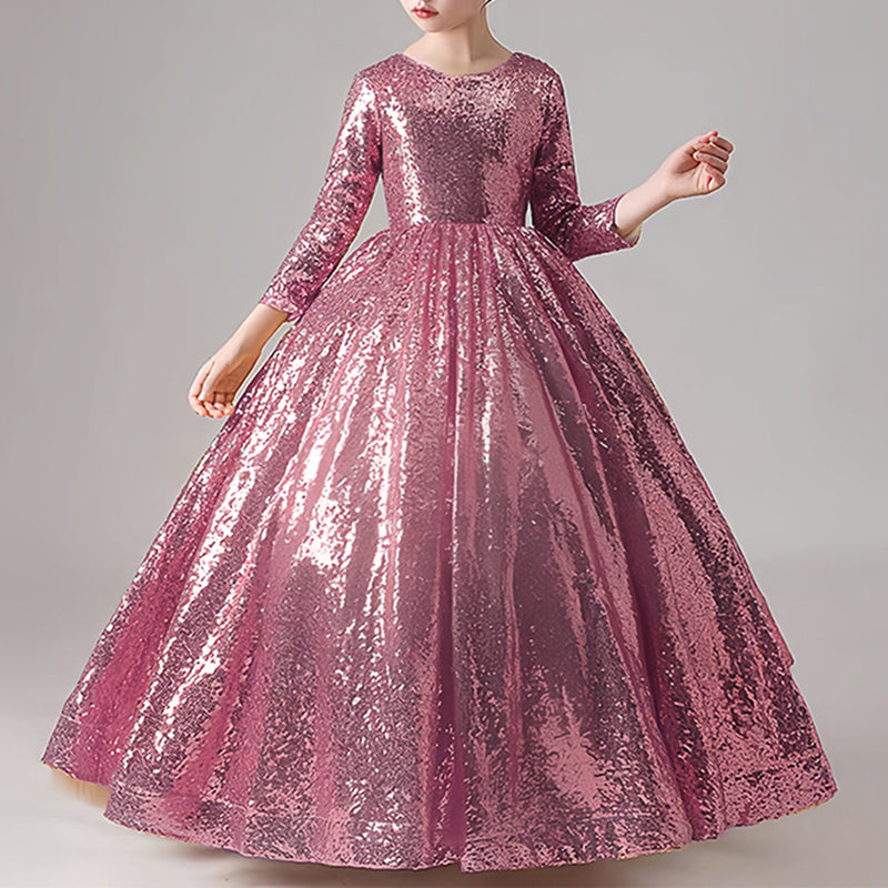 Long Sleeve Sequined Ball Gown Dress for Girls | Floor Length Party Dress