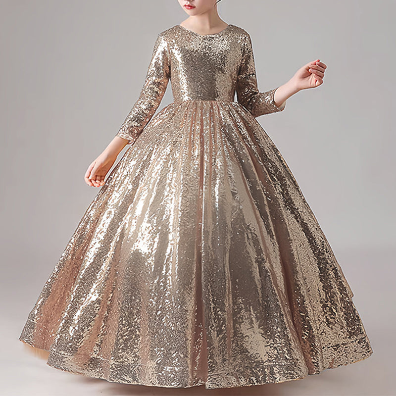 Long Sleeve Sequined Ball Gown Dress for Girls | Floor Length Party Dress