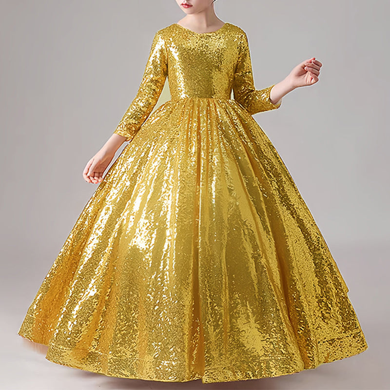 Long Sleeve Sequined Ball Gown Dress for Girls | Floor Length Party Dress