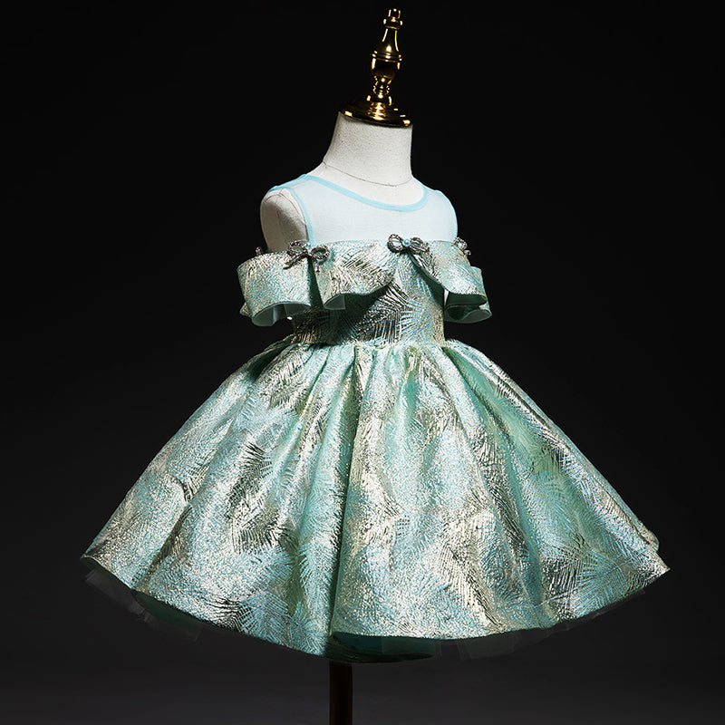 Mint Green A-Line Flower Girl Dress: Cold Shoulder Ruffle