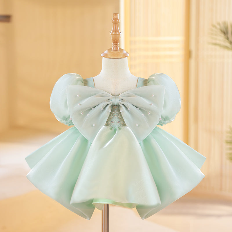 Mint Green Organza A-Line Flower Girl Dress with Bows
