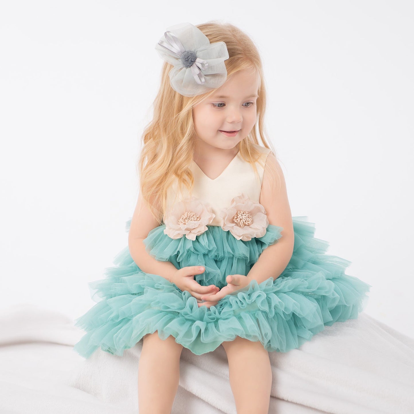 Mint Green Princess Flower Girl Dress with Ruffles and Flowers