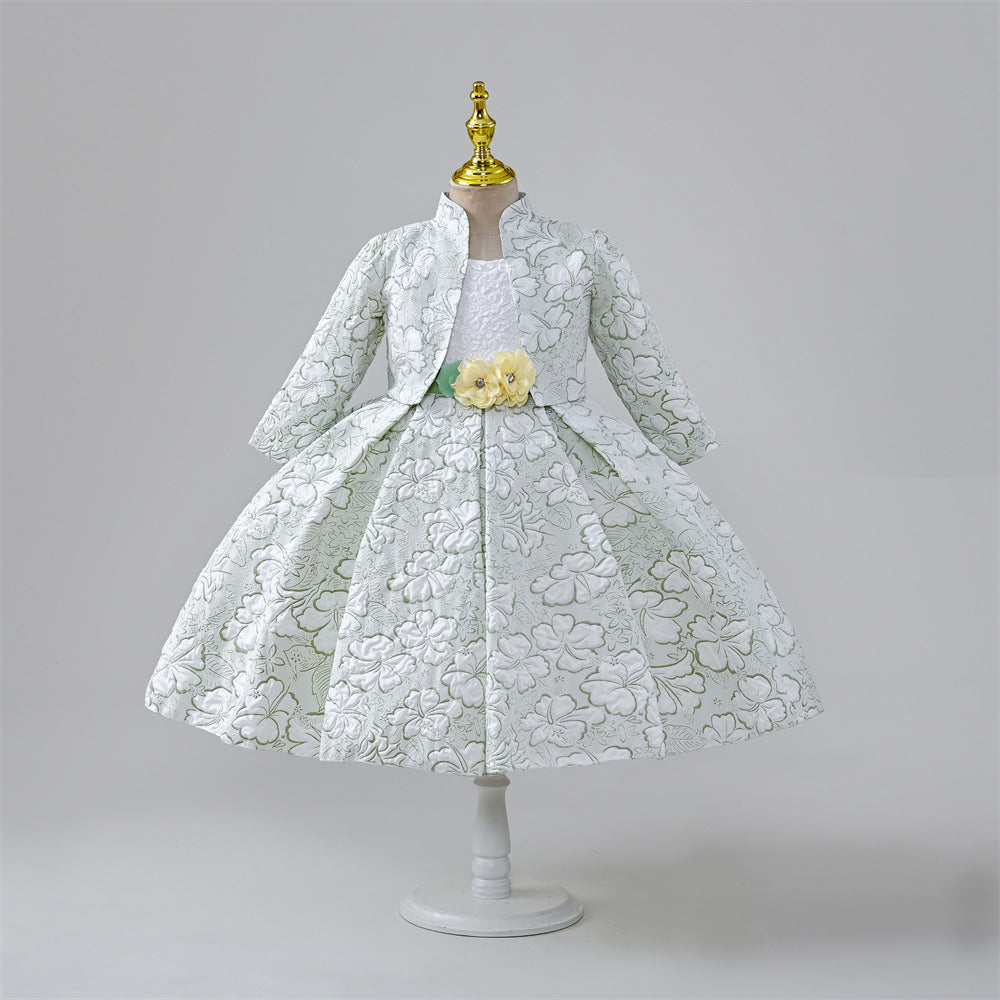 Mint Green Satin A-Line Flower Girl Dress - Floral Long Sleeve