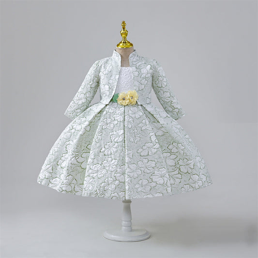 Mint Green Satin A-Line Flower Girl Dress - Floral Long Sleeve