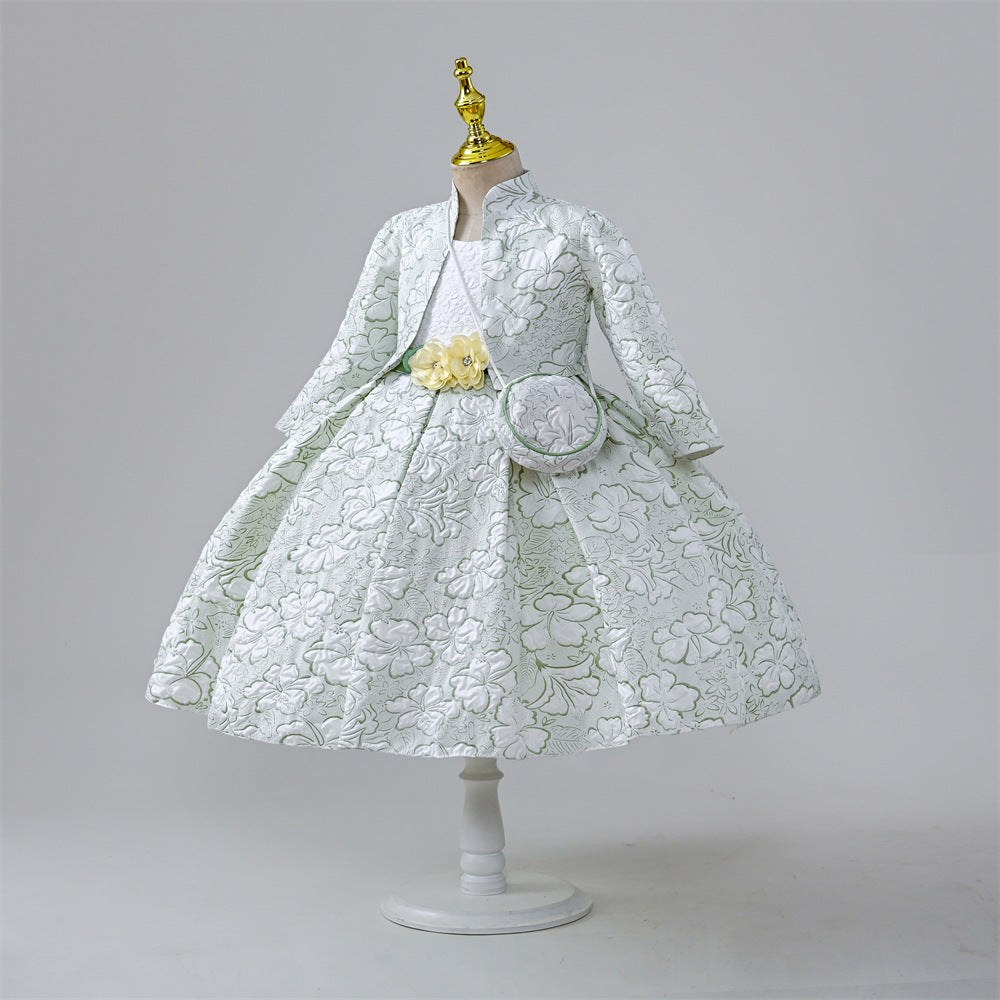 Mint Green Satin A-Line Flower Girl Dress - Floral Long Sleeve