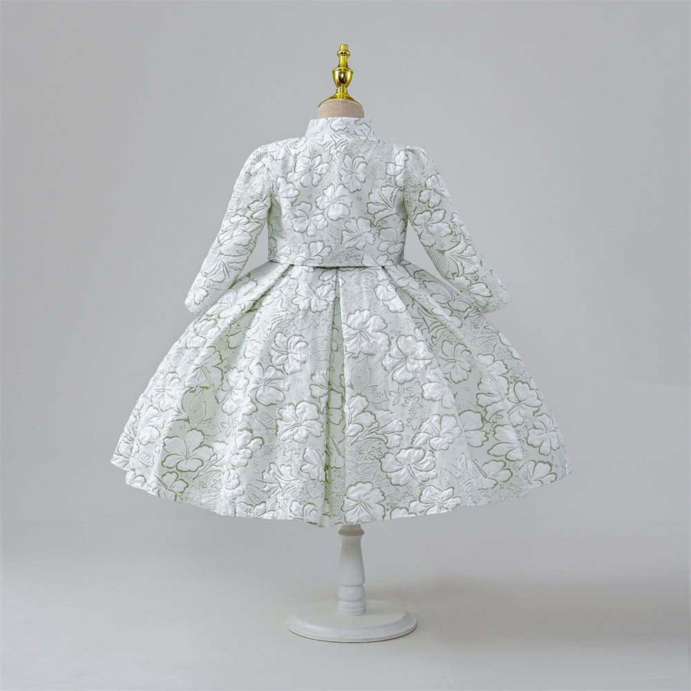 Mint Green Satin A-Line Flower Girl Dress - Floral Long Sleeve
