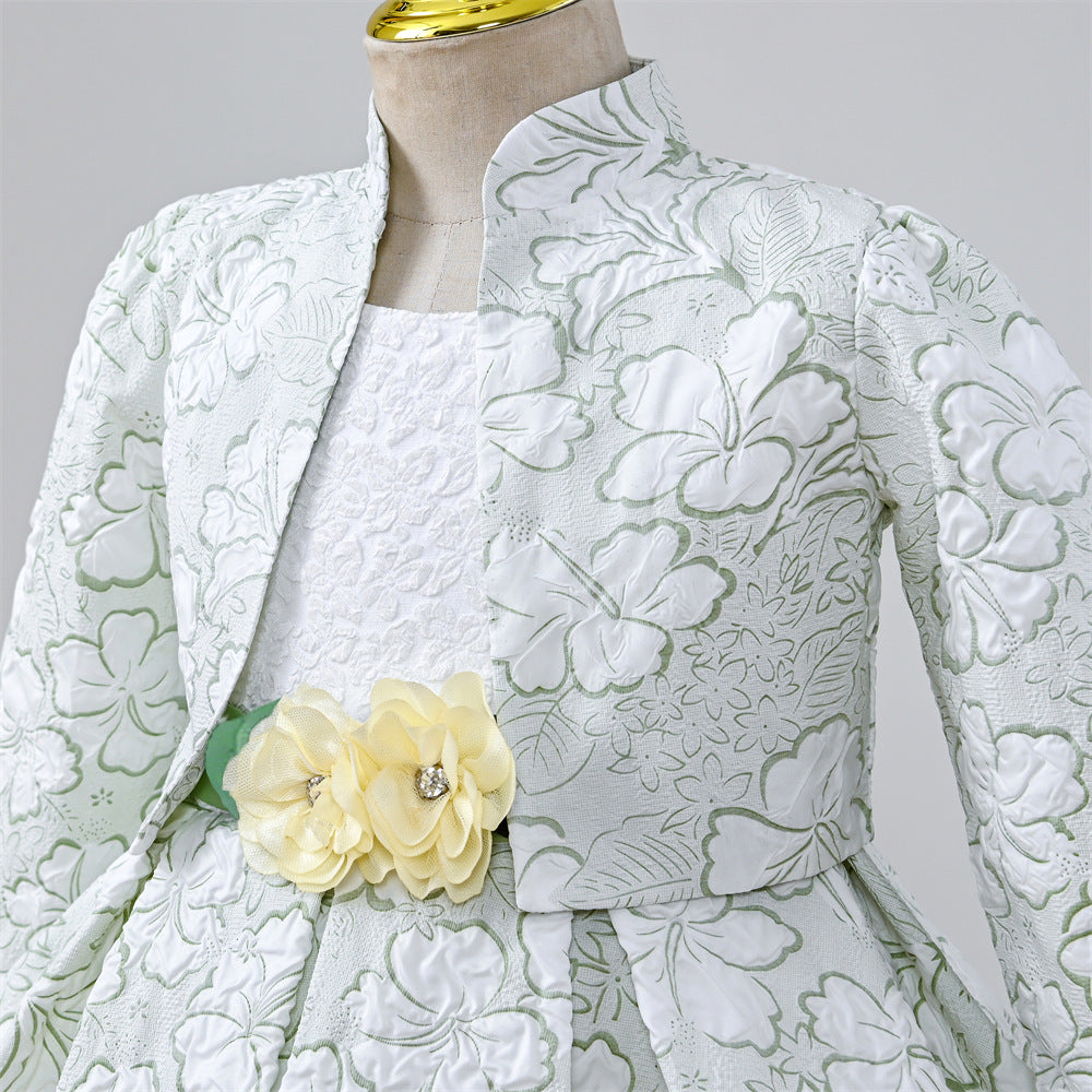 Mint Green Satin A-Line Flower Girl Dress - Floral Long Sleeve
