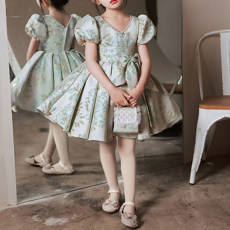 Mint Green Satin Princess Flower Girl Dress Bow Ruffle Knee