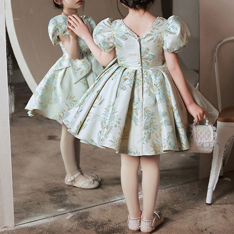 Mint Green Satin Princess Flower Girl Dress Bow Ruffle Knee