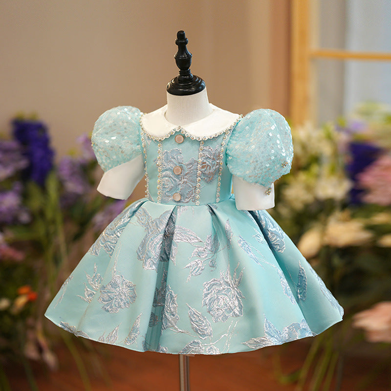 Mint Green Satin Princess Flower Girl Dress Lace Collar