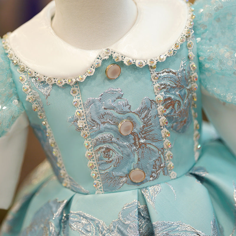 Mint Green Satin Princess Flower Girl Dress Lace Collar