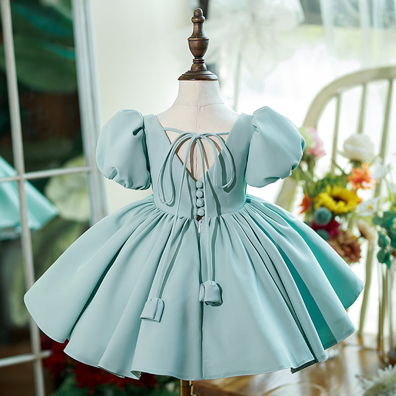 Mint Green Satin Princess Flower Girl Dress Ruffle Pleated Bow