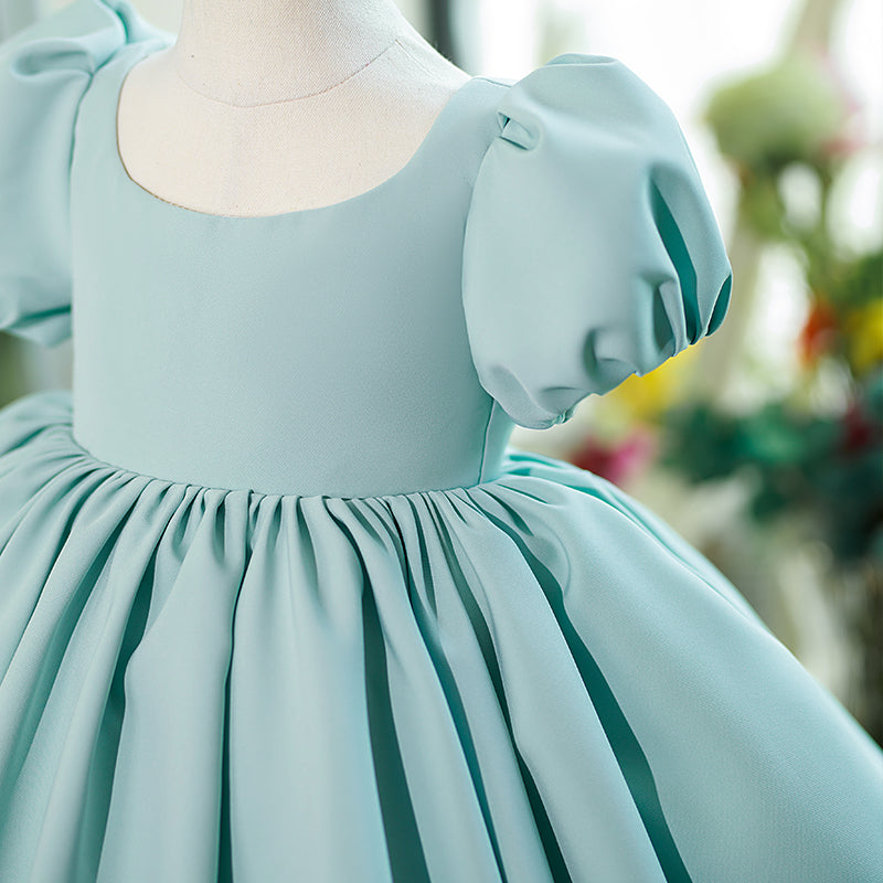 Mint Green Satin Princess Flower Girl Dress Ruffle Pleated Bow