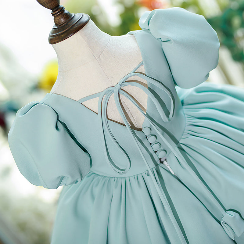 Mint Green Satin Princess Flower Girl Dress Ruffle Pleated Bow