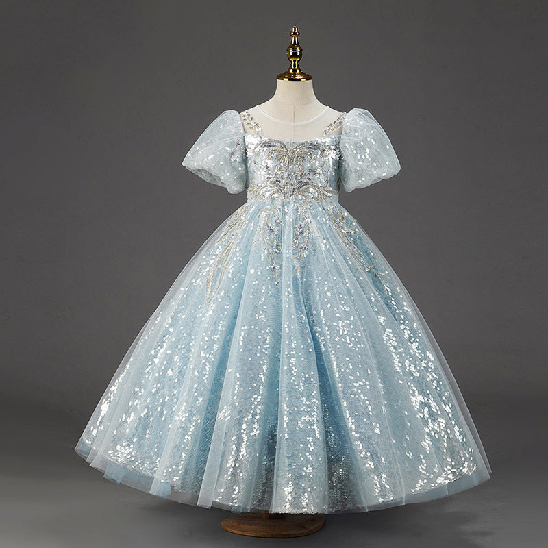 Mint Green Sequin Lace Flower Girl Dress | Puff Sleeves