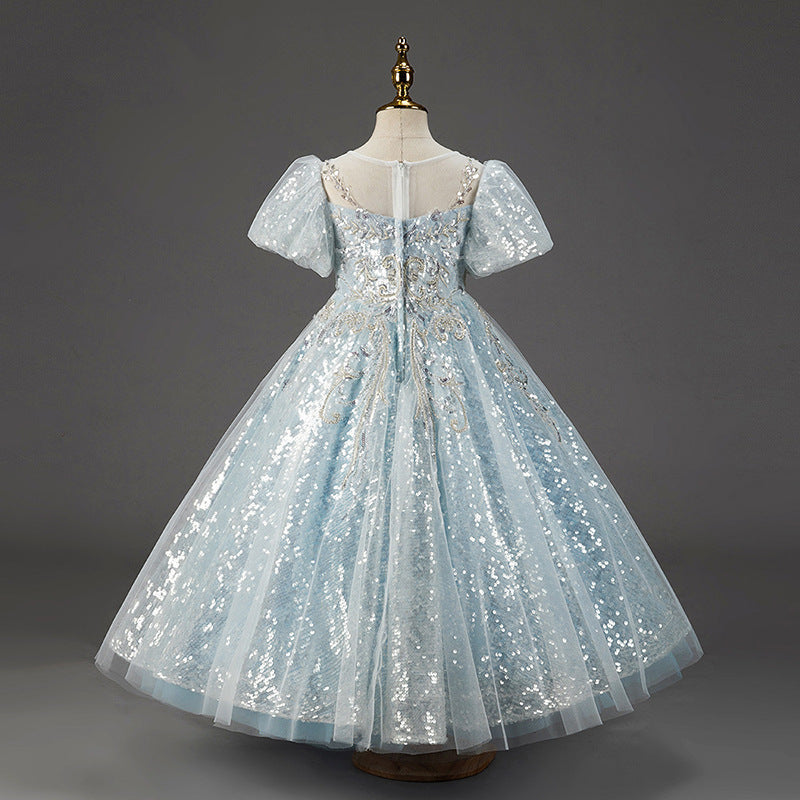 Mint Green Sequin Lace Flower Girl Dress | Puff Sleeves