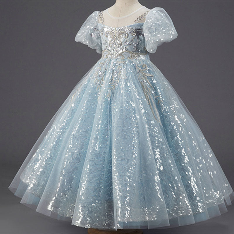 Mint Green Sequin Lace Flower Girl Dress | Puff Sleeves